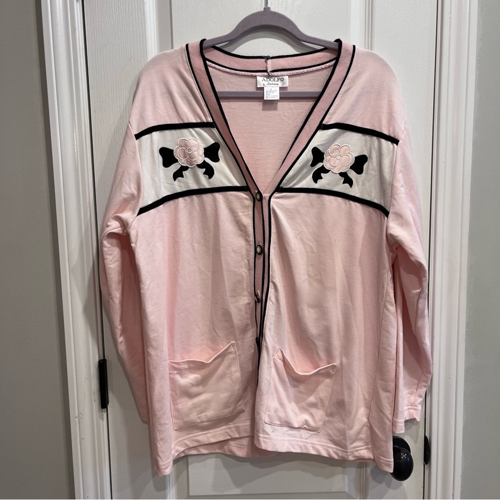 Vintage Adolfo Pink V Neck Rose Floral Cardigan Sweater Large Academia Grandpa